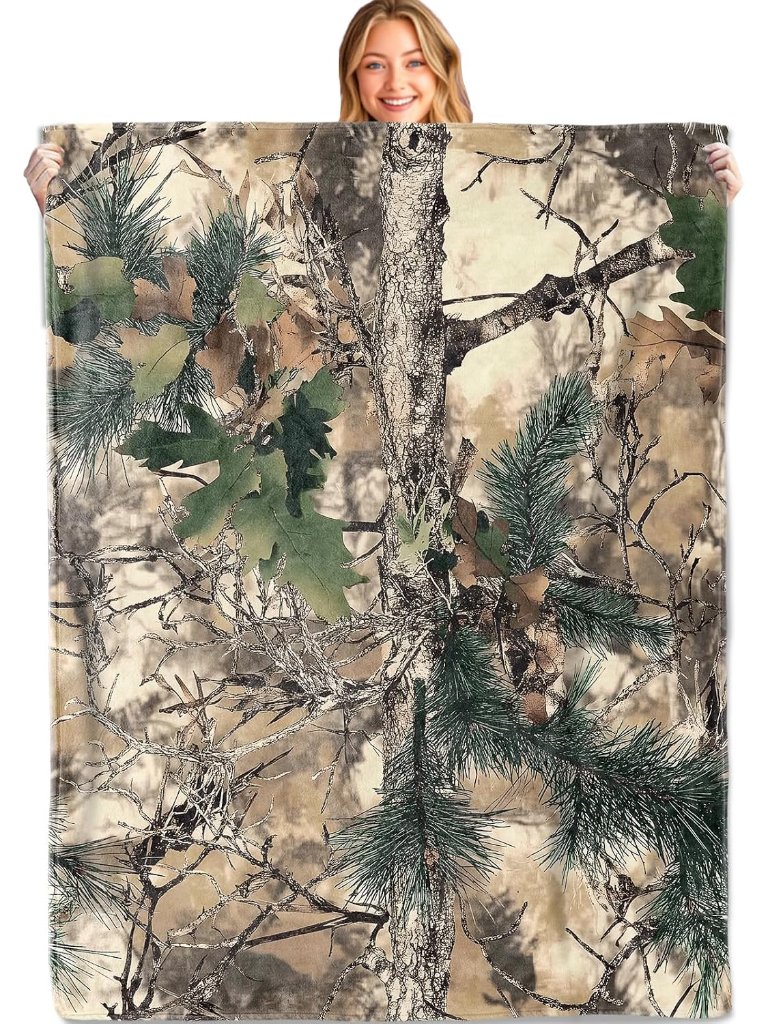 Camo Forest Throw Blanket,50x60in,Soft,Lightweight Flannel,Camouflage Pine Branc